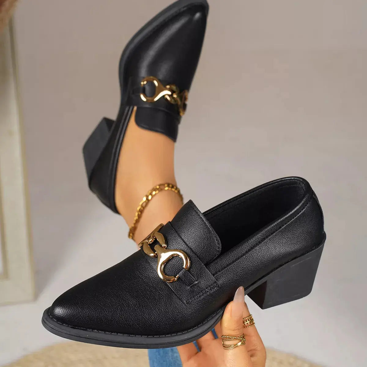 Point Toe Block Heels Loafers.
