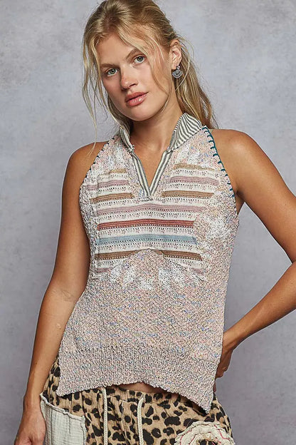 POL Striped Collar Sweater Vest with Star Patch.