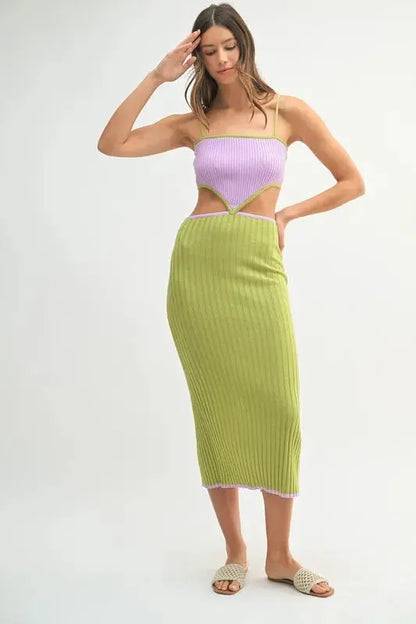 MABLE Ribbed Knit Color Block Cutout Midi Dress.