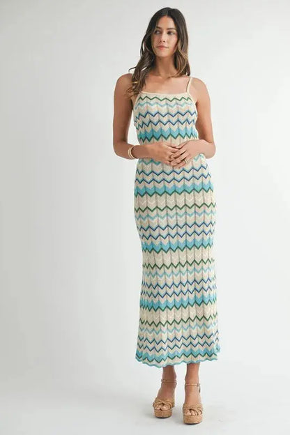 MABLE Lightweight Pointelle Chevron Knit Maxi Dress.