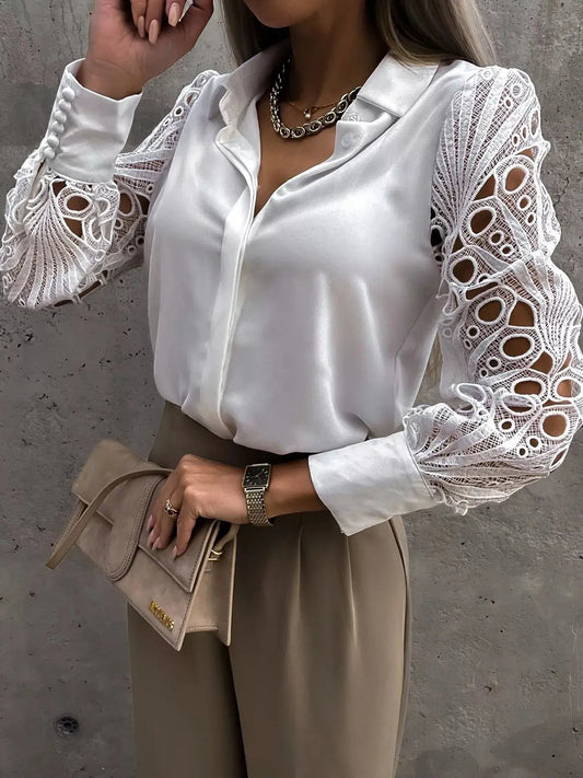 Lace Sleeve Collared Neck Blouse.