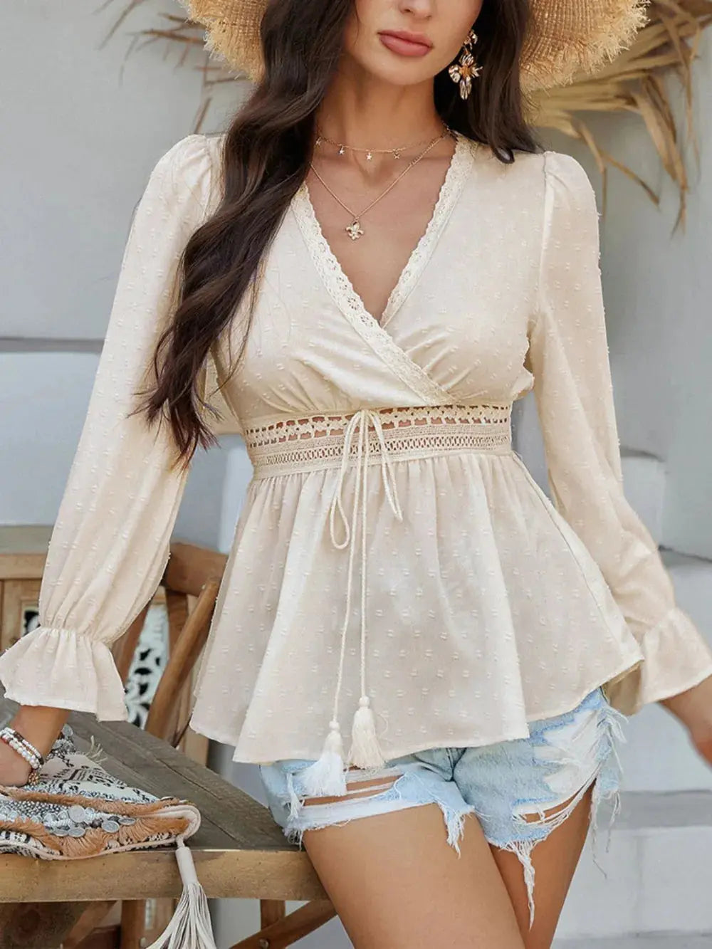 Devine Swiss Dot Lace Detail Surplice Flounce Sleeve Blouse.