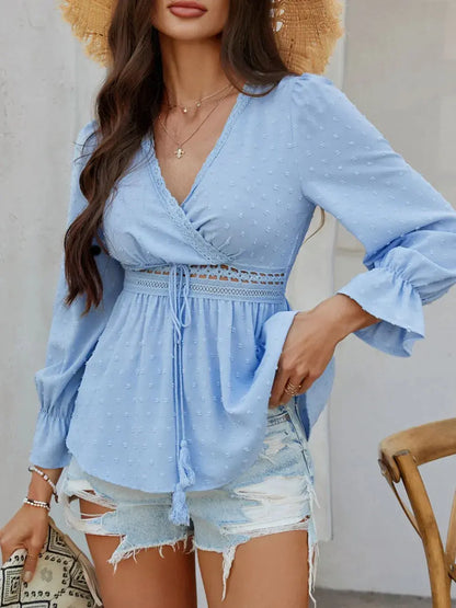 Devine Swiss Dot Lace Detail Surplice Flounce Sleeve Blouse.