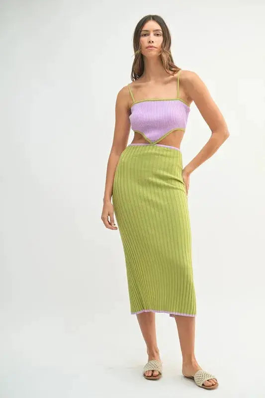 MABLE Ribbed Knit Color Block Cutout Midi Dress.