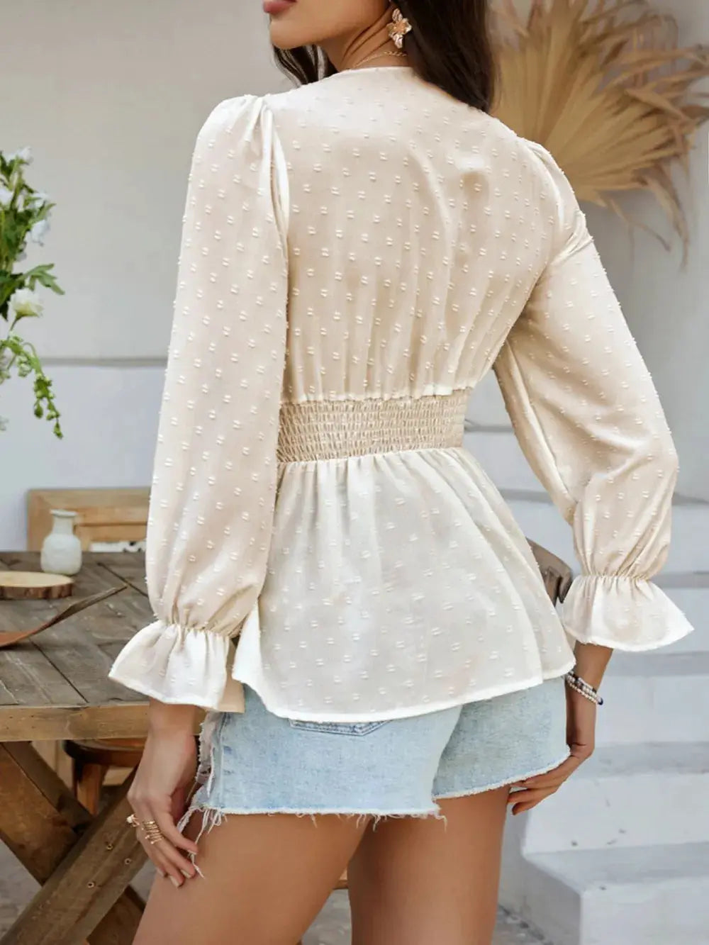 Devine Swiss Dot Lace Detail Surplice Flounce Sleeve Blouse.