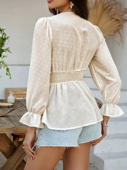 Devine Swiss Dot Lace Detail Surplice Flounce Sleeve Blouse.