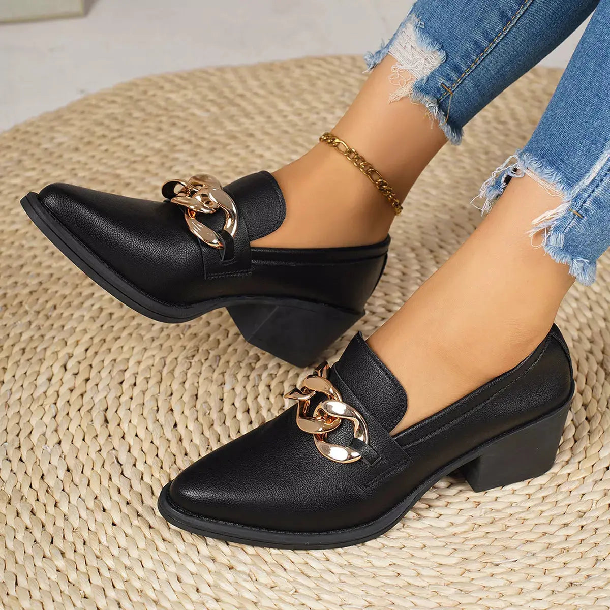 Point Toe Block Heels Loafers.