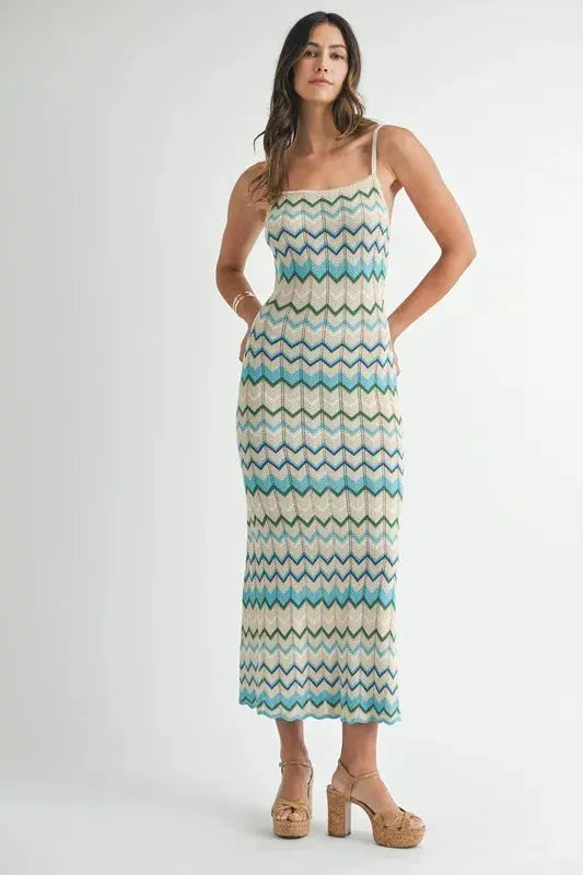 MABLE Lightweight Pointelle Chevron Knit Maxi Dress.