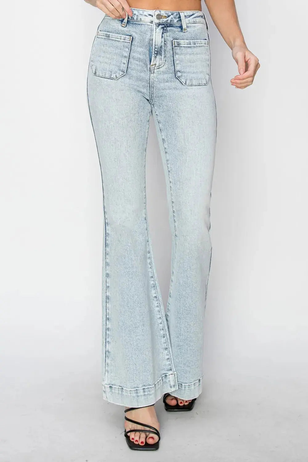 Risen Full Size High Rise Front Patch Pocket Flare Jeans.