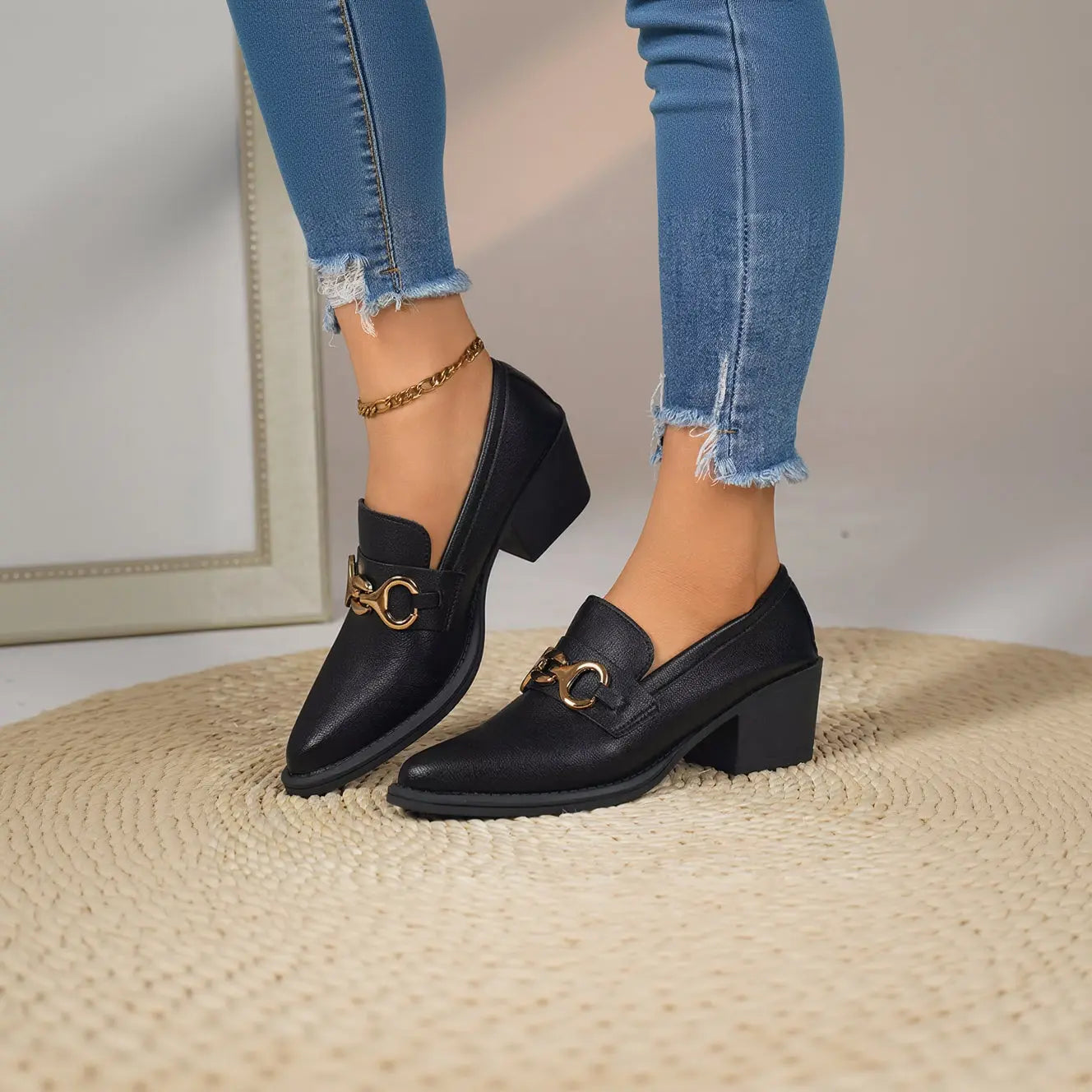 Point Toe Block Heels Loafers.