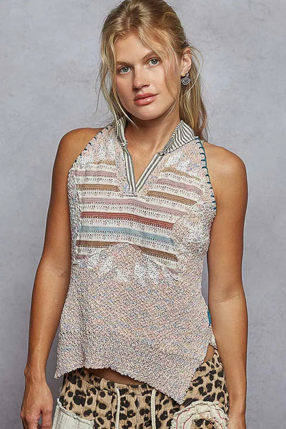 POL Striped Collar Sweater Vest with Star Patch.