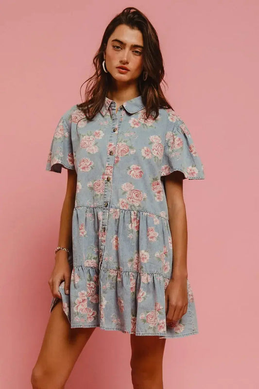 BiBi Floral Print Washed Lightweight Tiered Shirt Dress.
