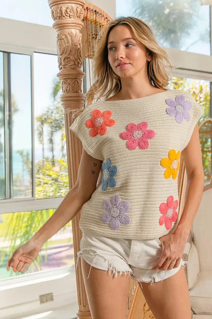 BiBi Multi Jeweled Crochet Flower Patch Sweater Vest.