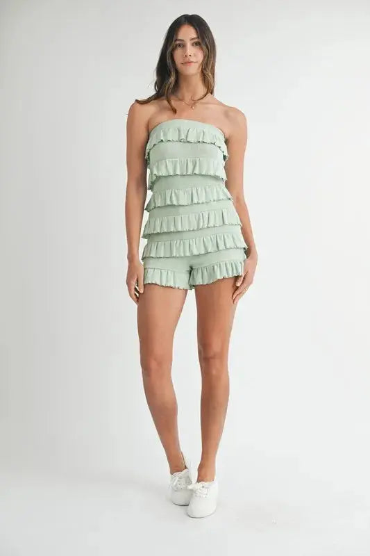 MABLE Pointelle Knit Fabric Ruffled Tube Romper.