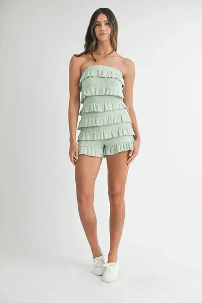 MABLE Pointelle Knit Fabric Ruffled Tube Romper.