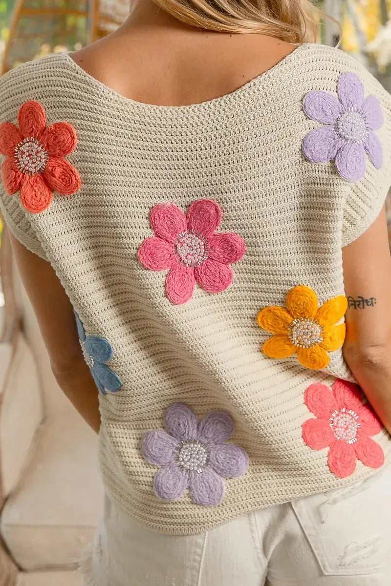 BiBi Multi Jeweled Crochet Flower Patch Sweater Vest.