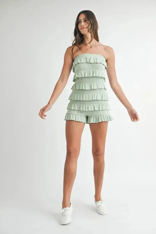 MABLE Pointelle Knit Fabric Ruffled Tube Romper.