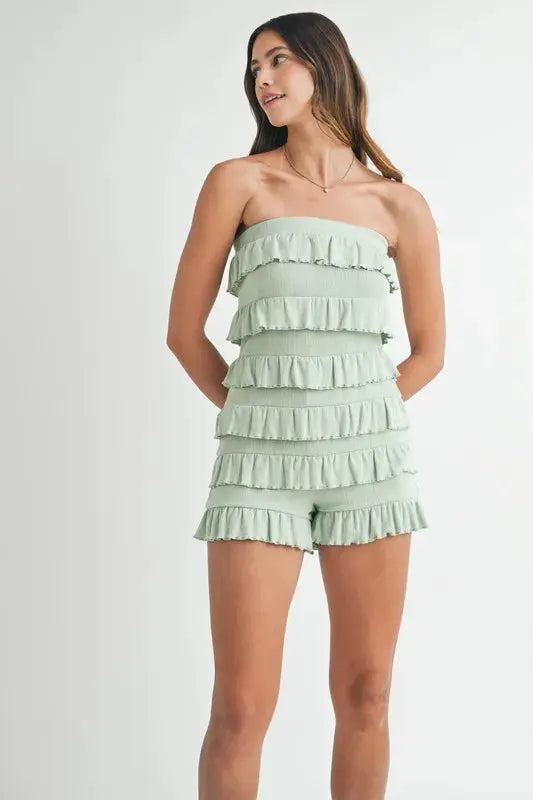 MABLE Pointelle Knit Fabric Ruffled Tube Romper.